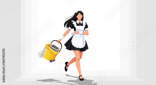 Animated maid character in uniform pulling cleaning supplies illustration