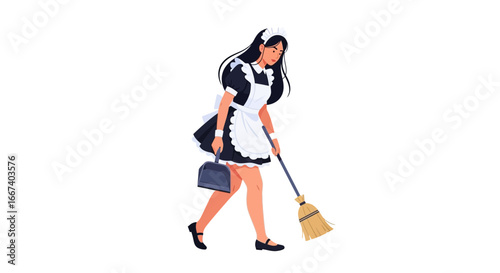 Cartoon illustration of a cleaning lady, maid uniform with broom and dustpan