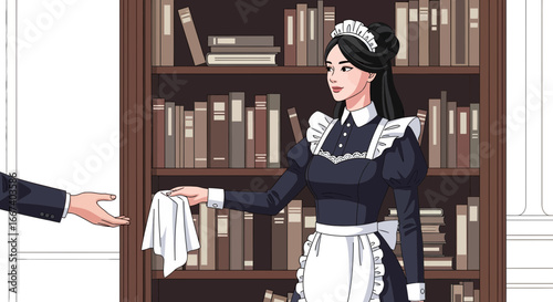 Cartoon illustration of a maid in uniform receiving a towel in a library
