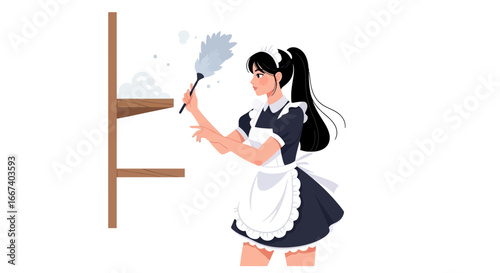 Cartoon maid cleaning shelves with duster, domestic service concept illustration