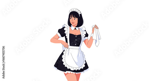Cheerful cartoon young woman dressed as maid holding cleaning cloth illustration