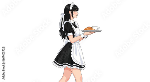 Classic Anime Style Maid Serving Breakfast on a Tray on White Backdrop