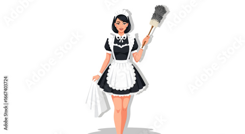 Charming vector illustration of a maid with duster and cleaning cloth