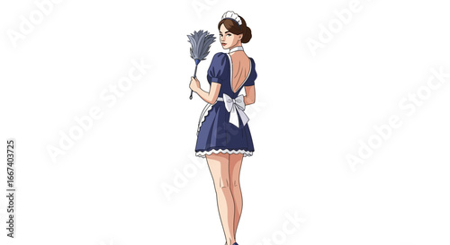 Charming young woman in maid outfit holding duster, elegant and alluring