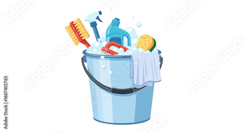 Cleaning bucket with supplies illustration for home, office, and business