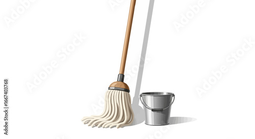 Cleaning tools isolated on white surface background, bucket and mop