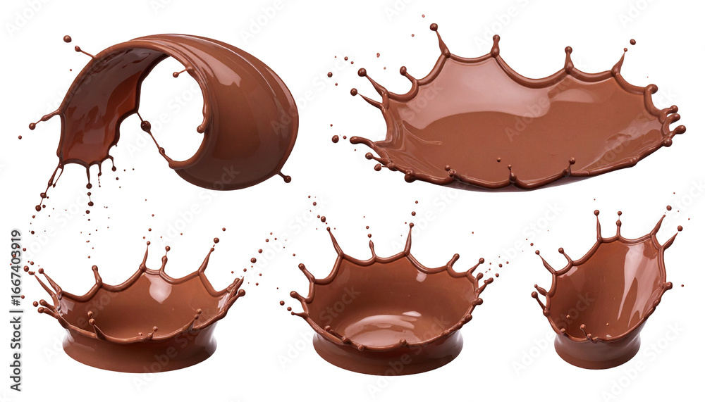 Fototapeta premium Multiple chocolate splashes/crowns in various shapes with droplets isolated on black