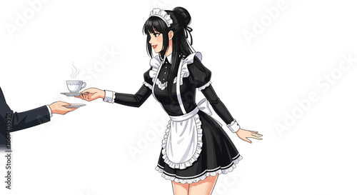 Elegant anime style maid serving tea, isolated on white backdrop scenery