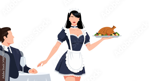Elegant illustration of a maid serving a delectable Thanksgiving meal