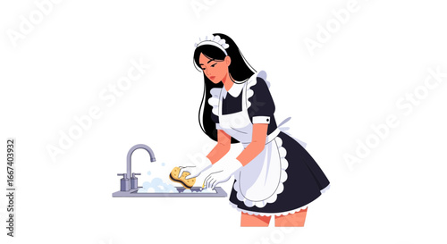 Elegant maid diligently cleans dishes at the sink, a symbol of cleanliness