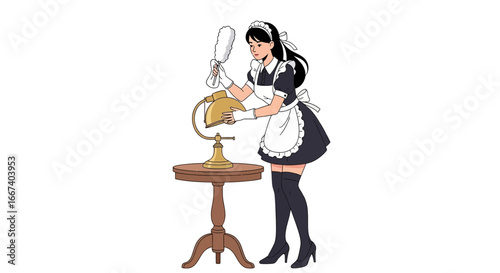 Elegant maid dusting vintage lamp, creating a pristine atmosphere scene