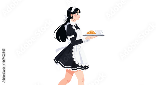 Elegant maid illustration, providing service with croissant and beverage