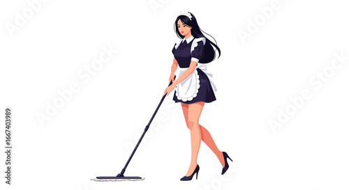 Elegant maid in uniform sweeping with mop, cleaning services illustration