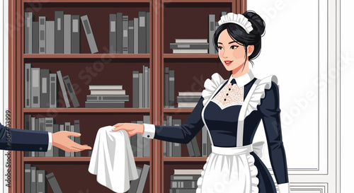 Elegant maid offering a cloth near a bookshelf vector illustration