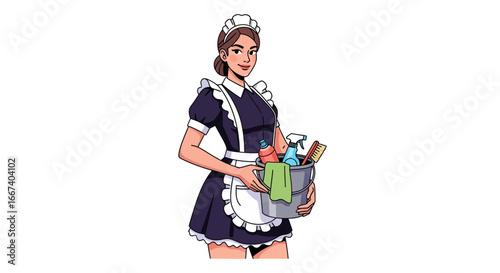 Illustration of a Friendly Housekeeper Carrying Cleaning Supplies Bucket