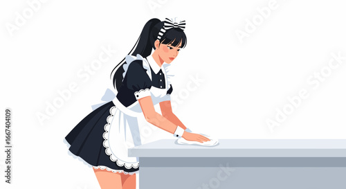 Illustration of a diligent maid in traditional outfit cleaning surface