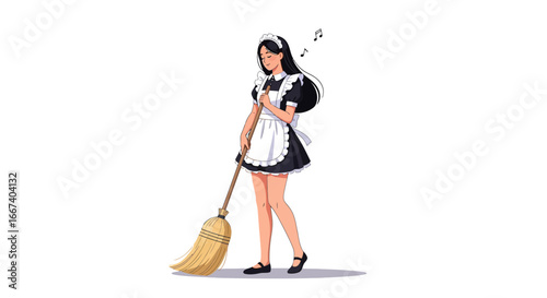 Illustration of a Maid Cleaning, Musical Notes Floating, Isolated, White background