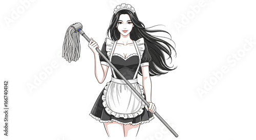 Illustration of a maid in uniform with a mop on a white background