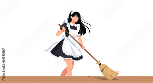 Illustration of a woman in a maid costume sweeping the wooden floor