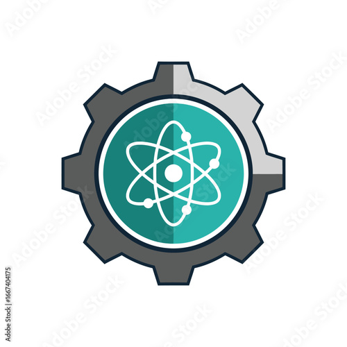 Gear with atom symbol representing science and technology.