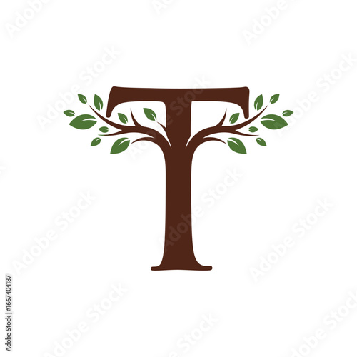 Tree-shaped letter T with leaves representing nature and growth.