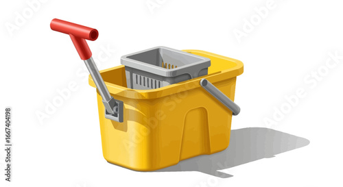 Illustration of a yellow cleaning bucket with gray wringer on white background
