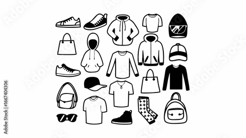 icon, set, collection, vector, illustration, symbol, sign, graphic, fashion, streetwear, style, clothing, apparel, clothes, outfit, wear, trend, trendy, urban, hip hop, lifestyle, shopping, boutique, 