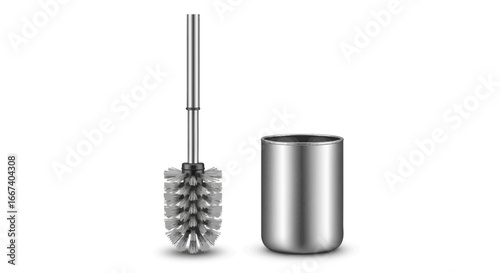 Modern brushed metallic toilet brush and holder for bathroom hygiene