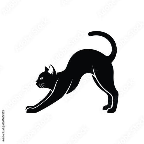 Black cat stretching its body with arched back and extended front paws.