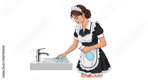 Professional maid diligently cleaning bathroom sink with spray and cloth