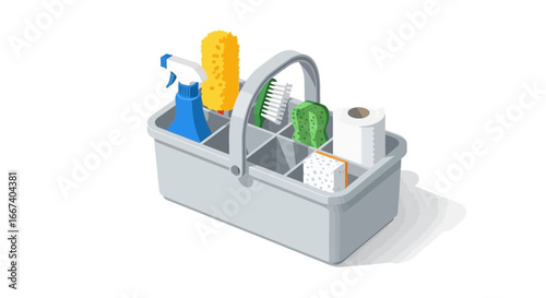 Organized cleaning supplies in a segmented carrier for effortless upkeep