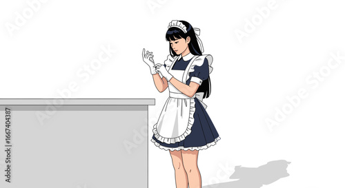 Retro anime style maid putting on gloves, illustrated with crisp lines