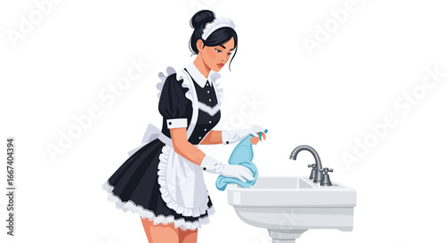 Professional maid diligently cleaning the bathroom sink with spray bottle