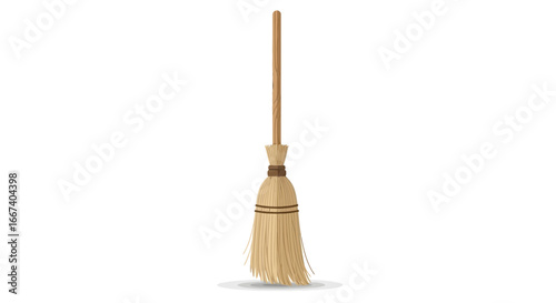 Simple straw broom illustration with wooden handle isolated on white