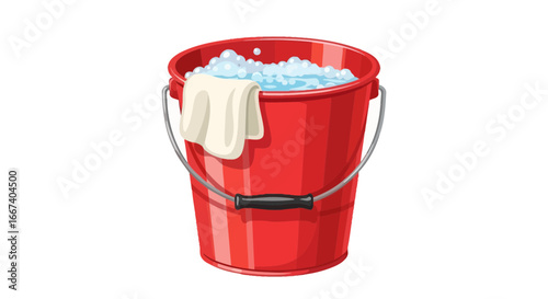 Vibrant red bucket brimming with soapy water, ready for household chores