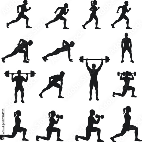 Silhouette fitness athletes, running, weightlifting, push ups, lunges, gym training, workout, bodybuilding, strength, exercise, sports, health, endurance, power, active lifestyle