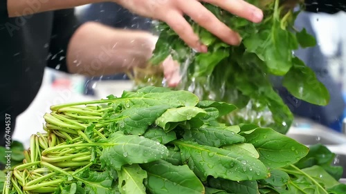 Fresh, vibrant green spinach being washed under running water, a hand holds bunch