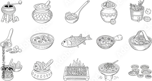 Collection of traditional Indian cooking utensils and ingredients