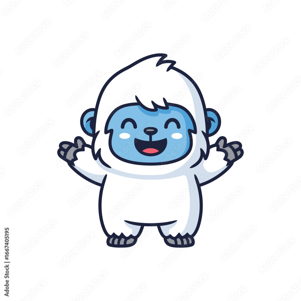 Fototapeta premium Cute happy baby yeti cartoon character with open arms.
