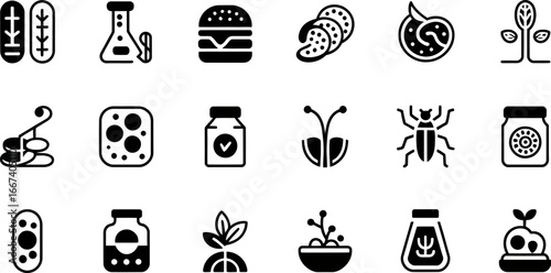Modern icons representing agriculture, food science, and biotechnology