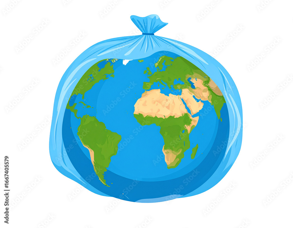 Naklejka premium Earth trapped inside a blue plastic trash bag, against a black background