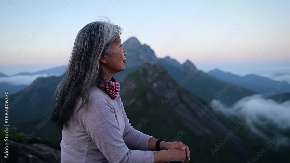 Elderly woman with grey hair sits with mountains background looking thoughtful Elderly woman with grey hair sits with mountains background looking thoughtful