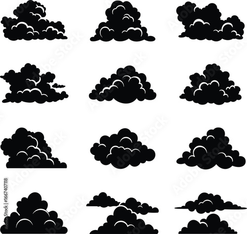 Cloud silhouette, fluffy sky clouds, weather icon, storm illustration, cartoon cloud, abstract shape, nature background, cumulus cloud, atmospheric design, vector