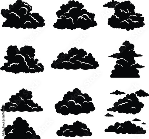 Cloud silhouette, fluffy sky clouds, storm vector, weather icon, abstract shape, cumulus cloud, nature design, cartoon illustration, atmosphere, background