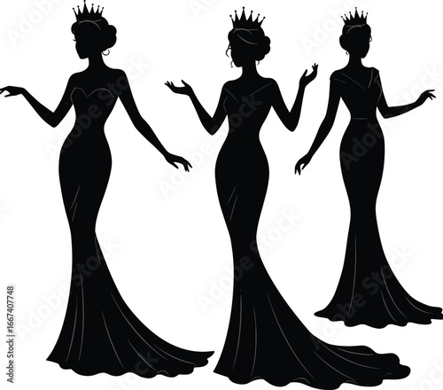 Silhouette elegant queens wearing crown, beauty pageant gown, royal women fashion illustration, princess dress design, luxury style, glamour celebration