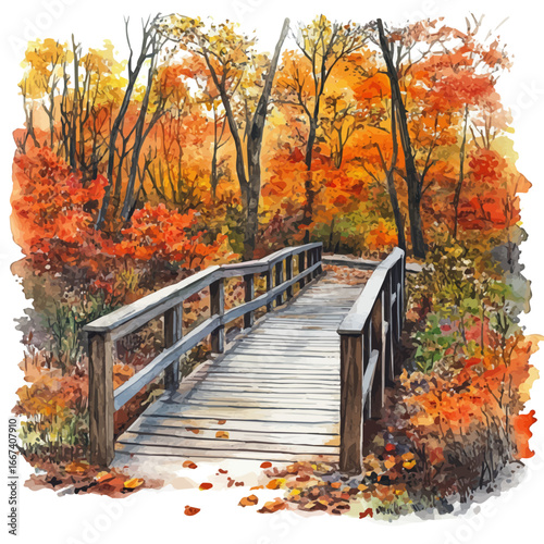 Autumn Forest Trail Walk, watercolor vector, isolated on a white background.