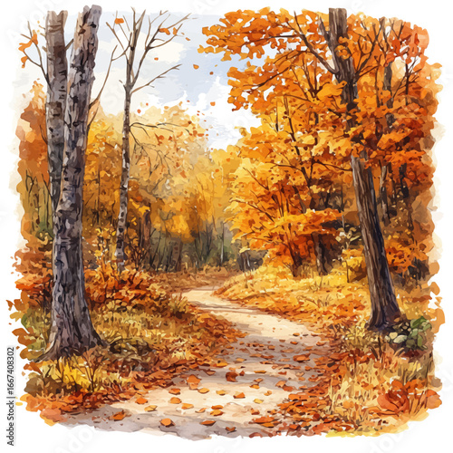 watercolor of Autumn Forest Trail Walk, vector, isolated on a white background.
