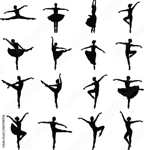 Silhouette ballerina dancing, elegant ballet dancer poses, classical dance illustration, stage performance art, graceful choreography, tutu dress, female artistic movement