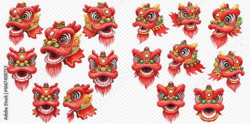 A collection of vibrant red lion dance head illustrations, showcasing various angles and expressions.