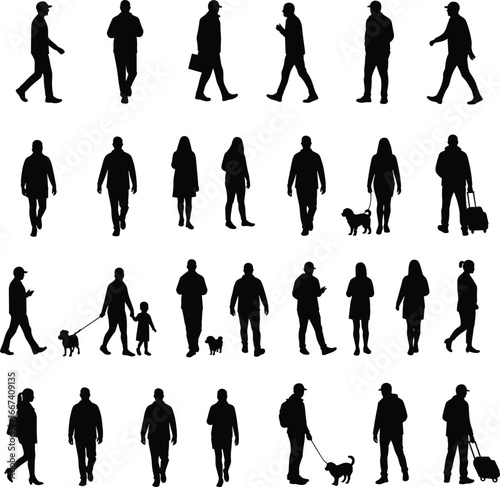 Silhouette people walking, men and women outdoor activity, parents with children, dog walkers, travelers with luggage, casual lifestyle illustration, pedestrians